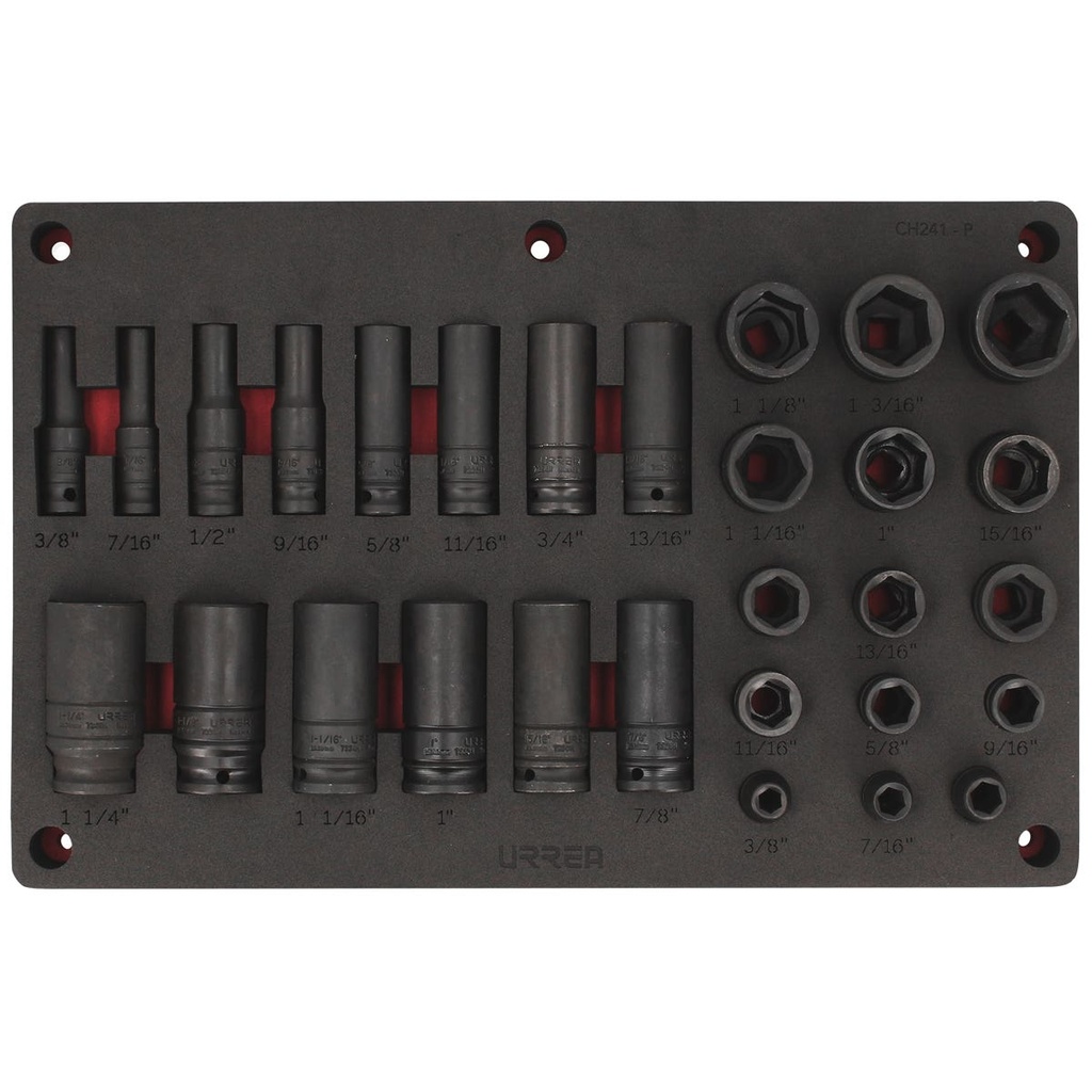 Juego de dados de impacto en pulgadas cuadro de 1/2" 29 piezas, CH241P-C Urrea