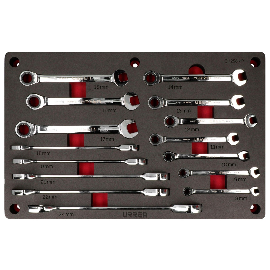 Juego de llaves combinadas pulido espejo de matraca métricas 15 piezas, CH256P-C Urrea