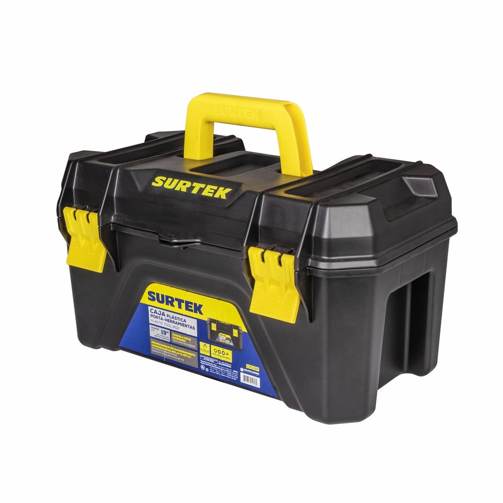 Caja portaherramientas plástica con broches plásticos y charola color negro 19" x 10" Surtek