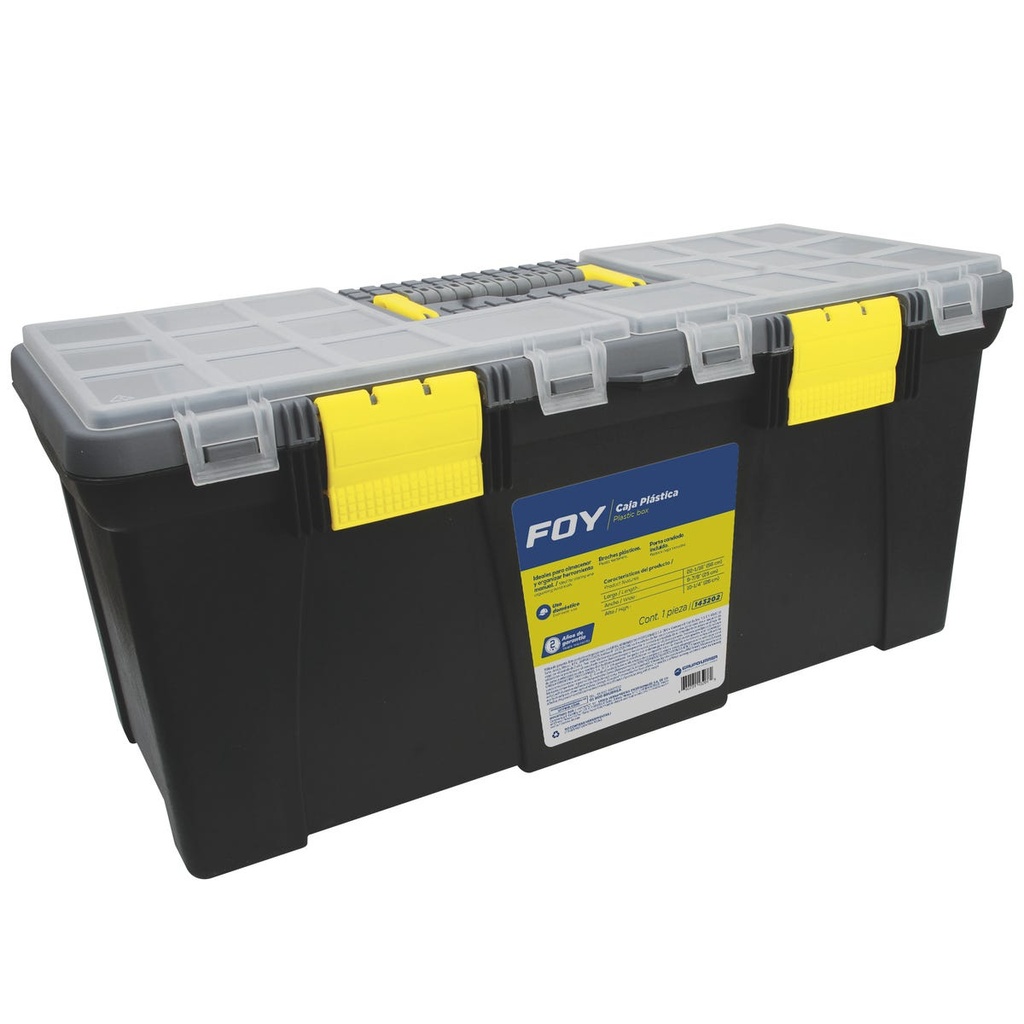 Caja portaherramientas plástica con broches plásticos y organizador color negro 22" x 10" Foy