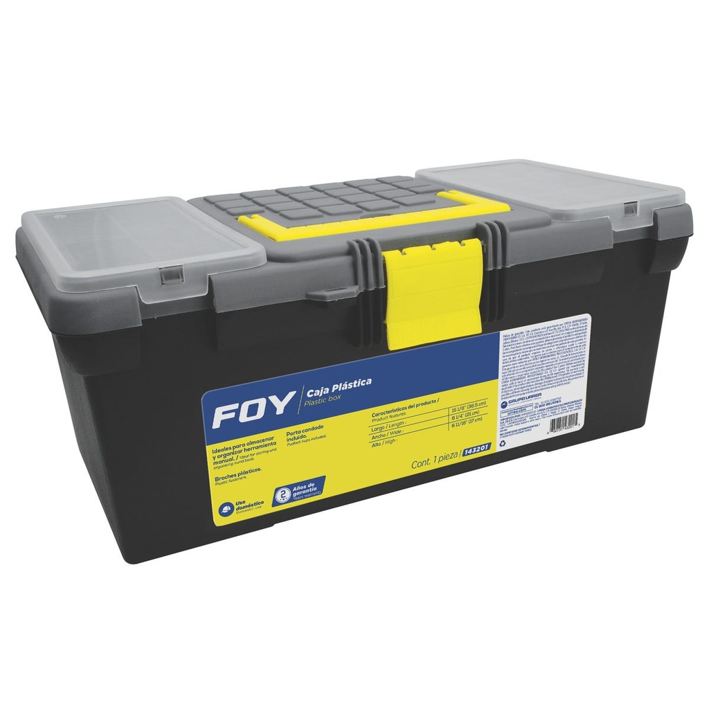 Caja portaherramientas plástica con broches plásticos y organizador color negro 16" x 7" x Foy