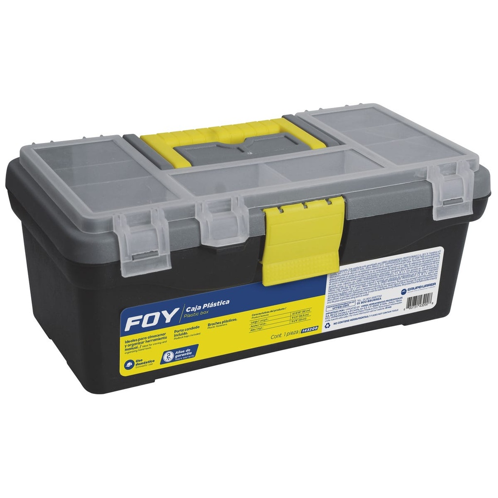 Caja portaherramientas plástica con broches plásticos y organizador color negro 12" x 6" x Foy