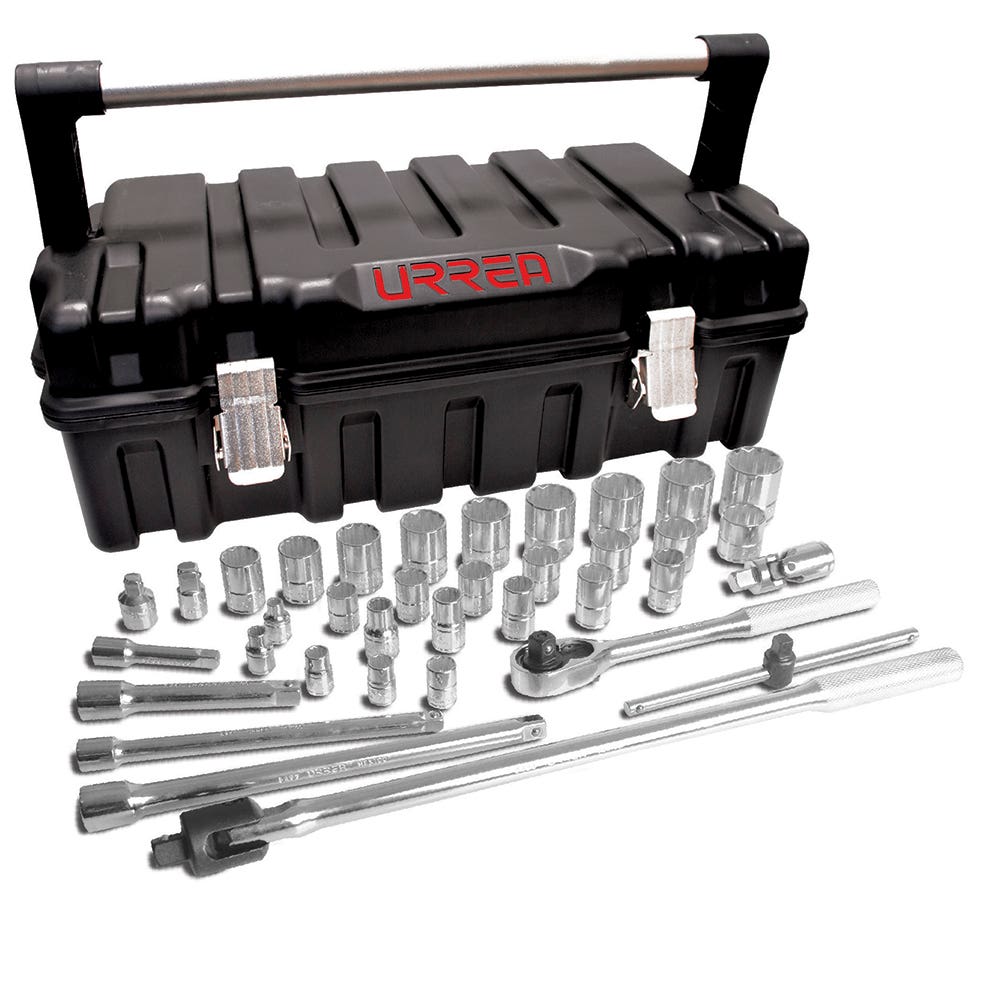 Juego de dados y accesorios cuadro de 3/8" y 1/2" en pulgadas en caja plástica, 37 piezas Urrea