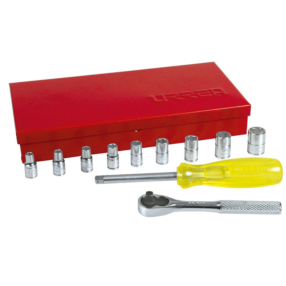 Juego de dados y accesorios cuadro de 1/4" en pulgadas caja metálica, 12 piezas Urrea