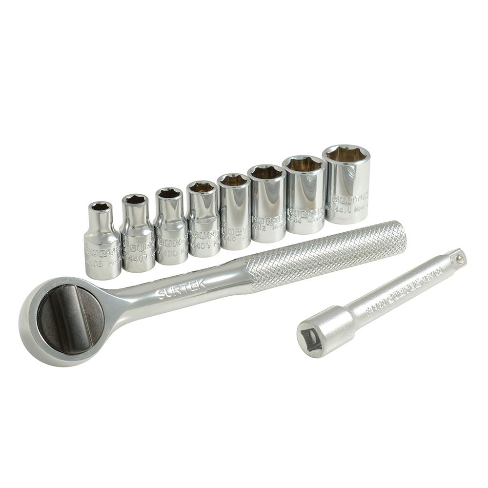 [A03S] Juego de dados y accesorios cuadro de 1/4" en pulgadas, 10 piezas Surtek