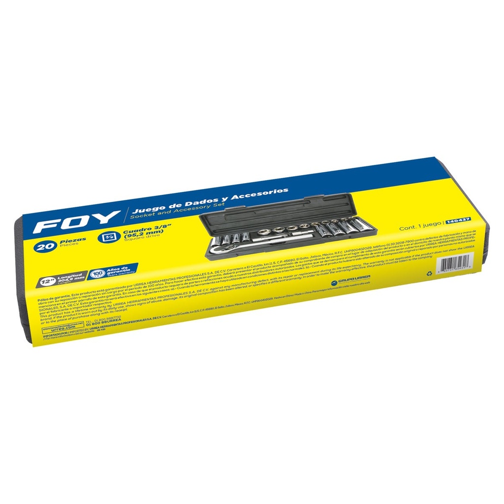 Juego de dados y accesorios cuadro de 3/8" métrico, 20 piezas Foy