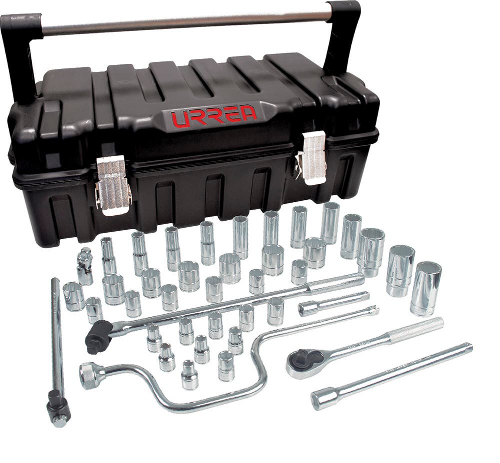 Juego de dados y accesorios cuadro de 1/2" en pulgadas caja metálica negra, 43 piezas Urrea