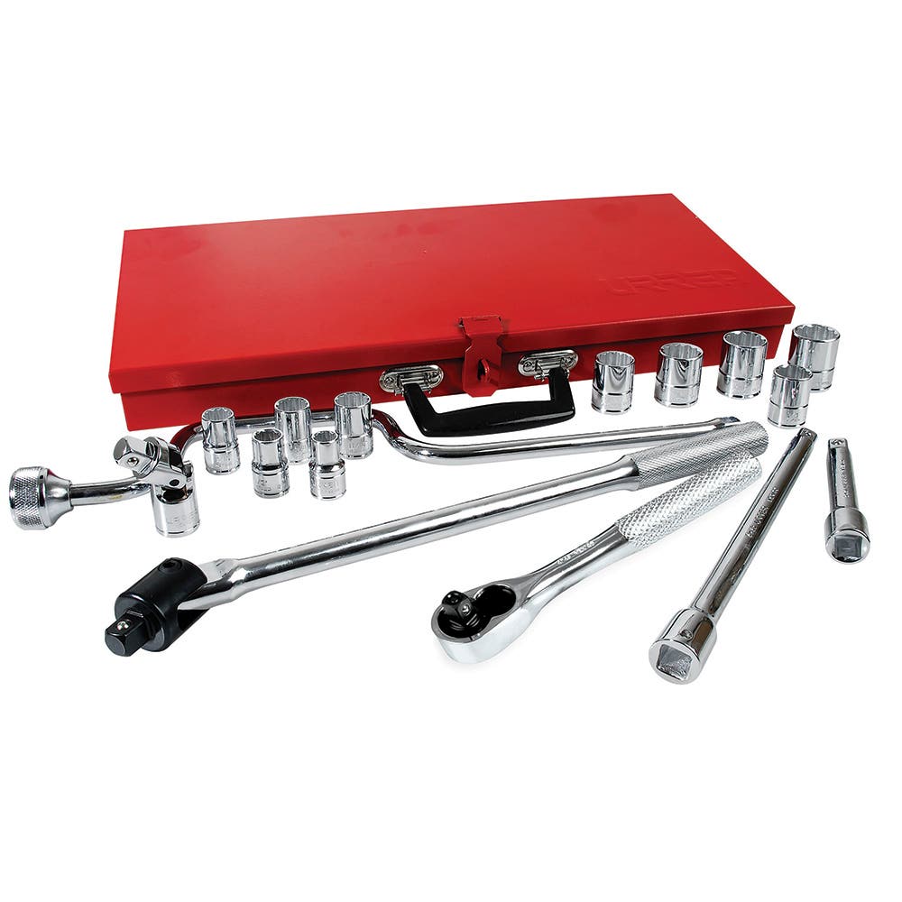 Juego de dados y accesorios cuadro de 1/2" en pulgadas caja metálica roja, 17 piezas Urrea