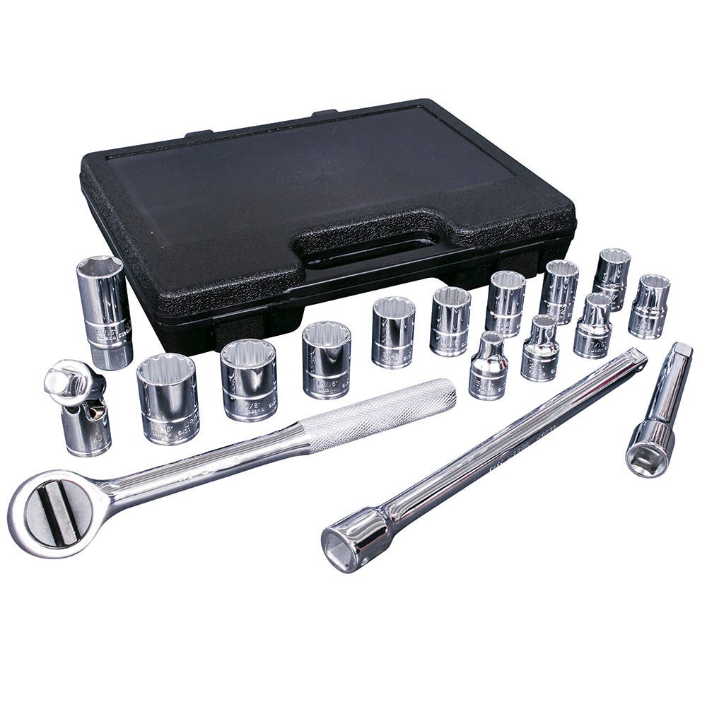 Juego de dados y accesorios cuadro de 1/2" en pulgadas caja plástica uso pesado, 17 piezas Urrea