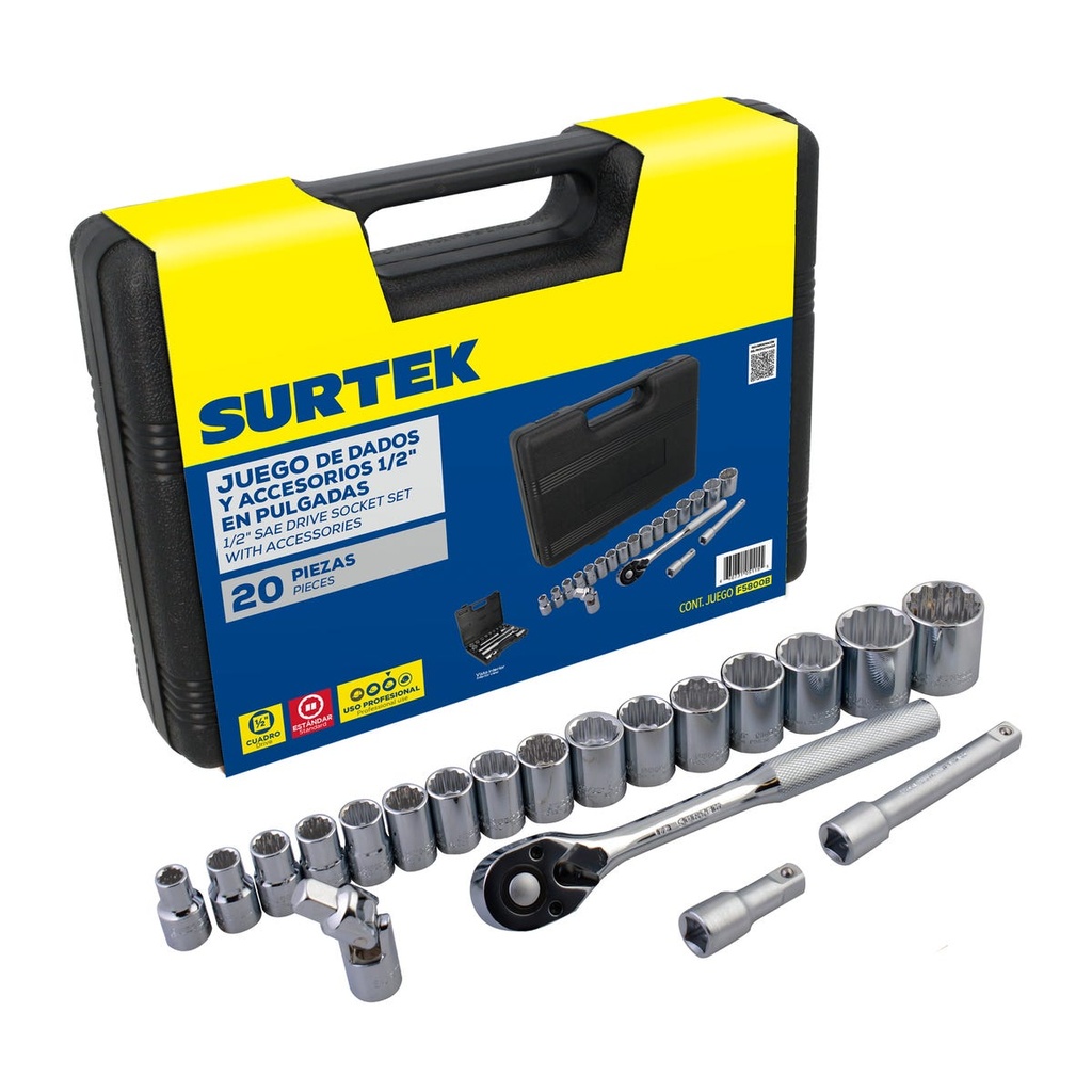 Juego de dados y accesorios cuadro de 1/2" en pulgadas, 20 piezas Surtek