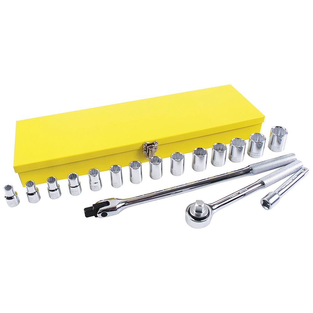 [F09S] Juego de dados y accesorios cuadro de 1/2" en pulgadas caja metálica amarilla, 17 piezas Surtek