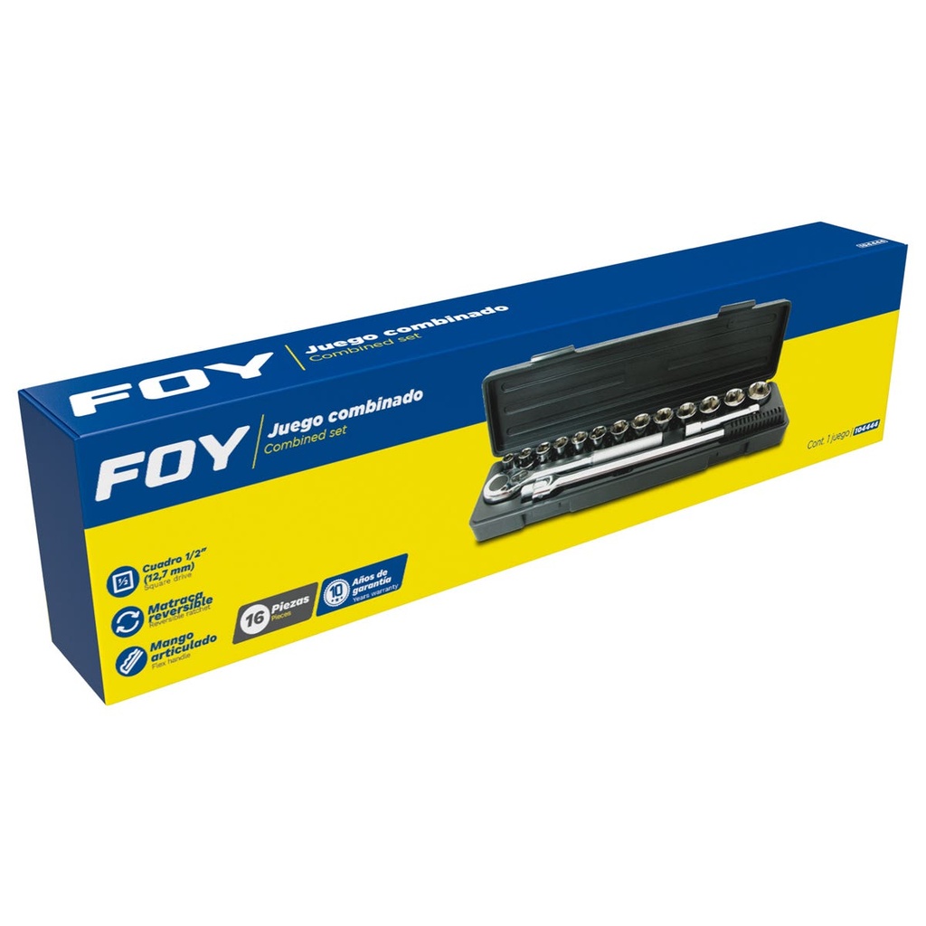 Juego de dados y accesorios cuadro de 1/2" en pulgadas, 16 piezas Foy