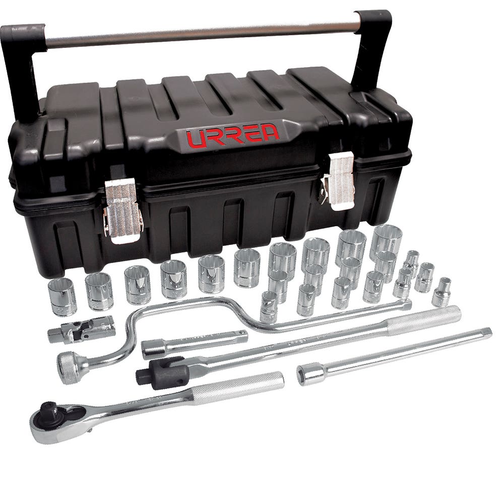 Juego de dados y accesorios cuadro de 1/2" métrico caja plástica, 29 piezas Urrea