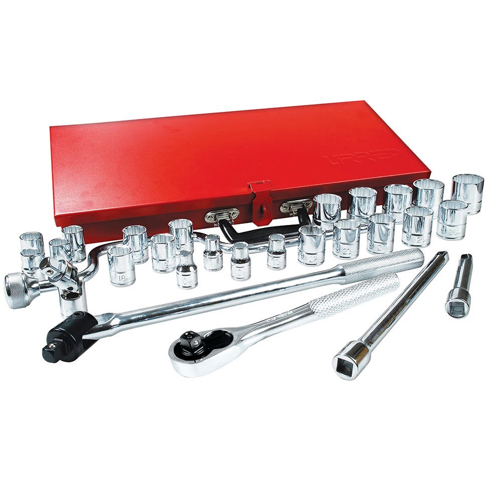 Juego de dados y accesorios cuadro de 1/2" métrico caja metálica, 29 piezas Urrea