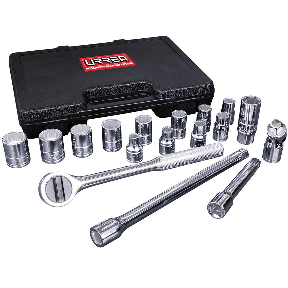 Juego de dados y accesorios cuadro de 1/2" métrico estuche plástico, 17 piezas Urrea