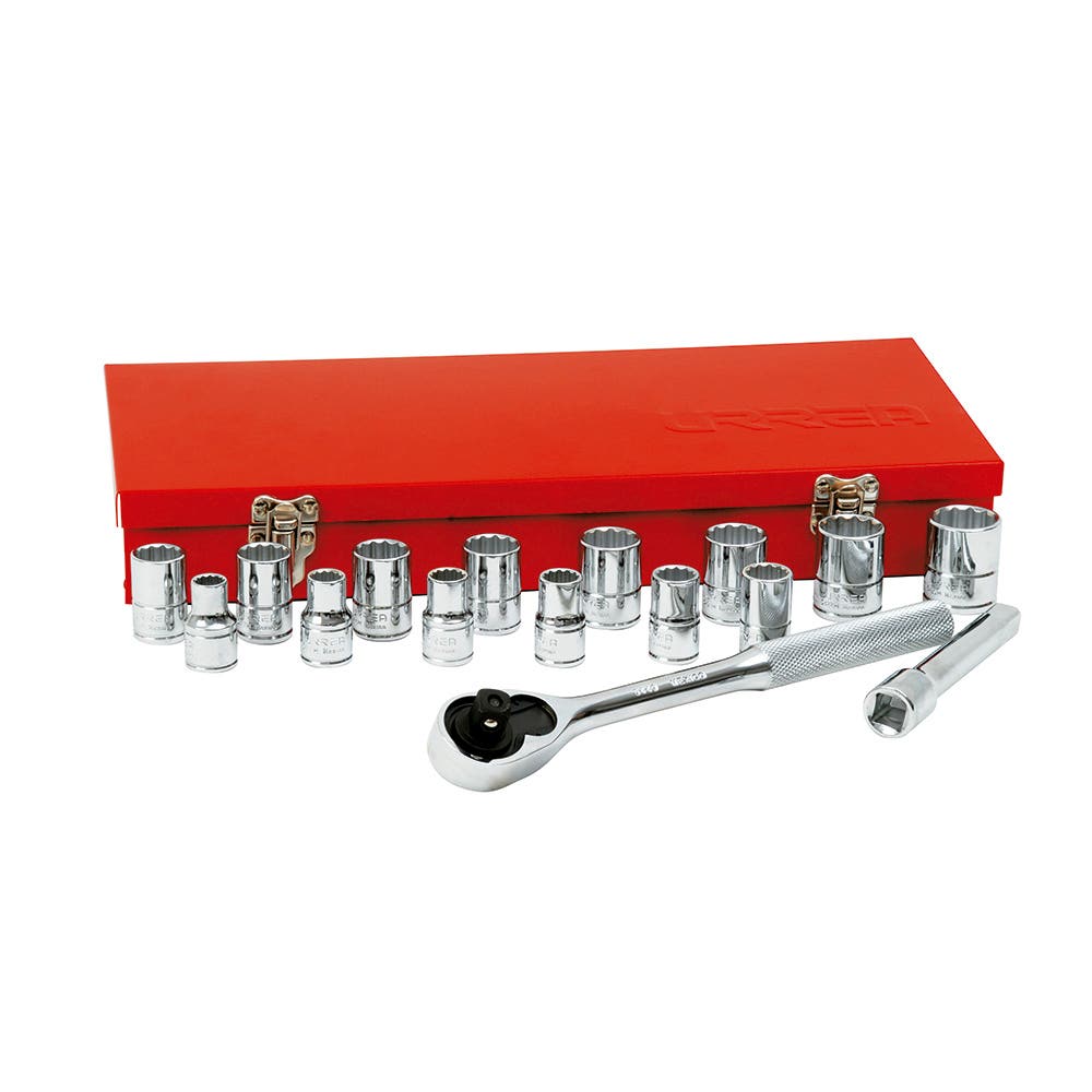 Juego de dados y accesorios cuadro de 1/2" métrico caja metálica, 17 piezas Urrea