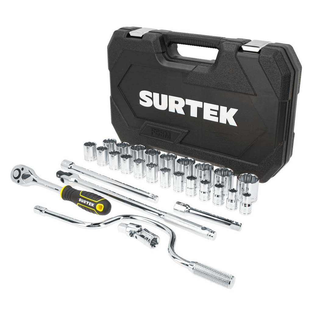 Juego de dados y accesorios cuadro de 1/2" métrico, 28 piezas Surtek