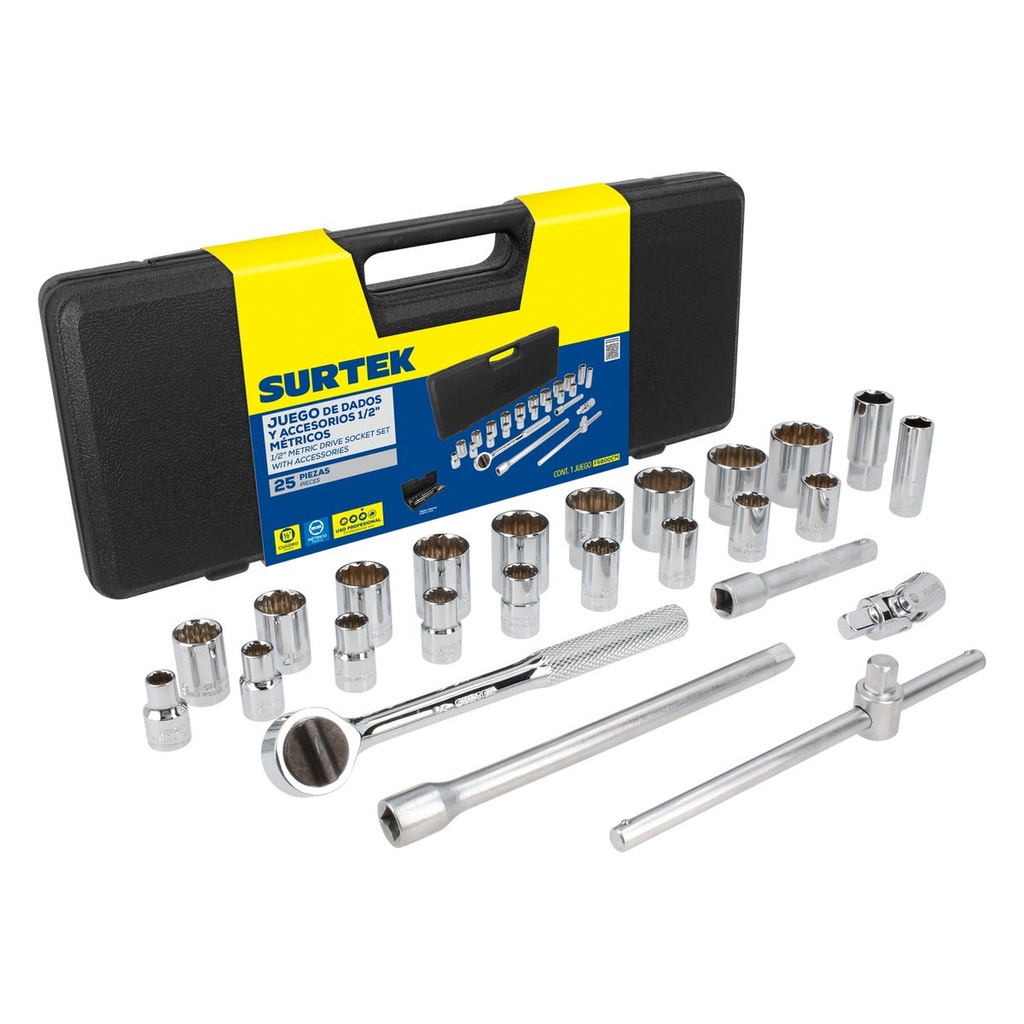 Juego de dados y accesorios cuadro de 1/2" métrico, 25 piezas Surtek