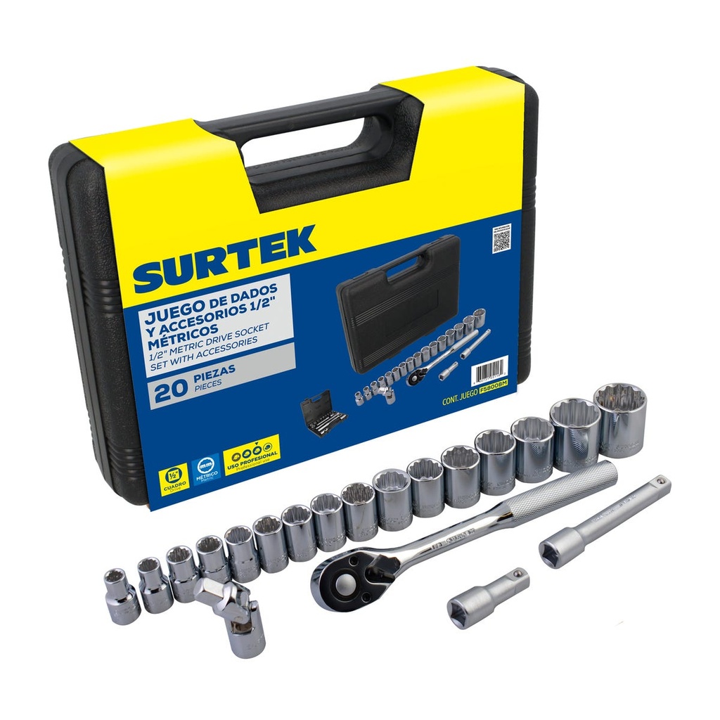 Juego de dados y accesorios cuadro de 1/2" métrico, 20 piezas Surtek