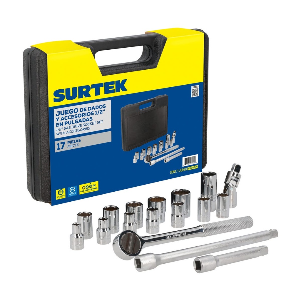 Juego de dados y accesorios cuadro de 1/2" métrico, 17 piezas Surtek