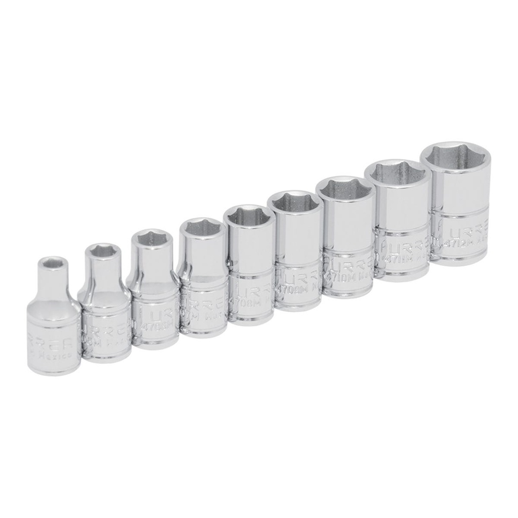 Juego de dados cuadro de 1/4", 6 puntas, métricos, 9 piezas Urrea