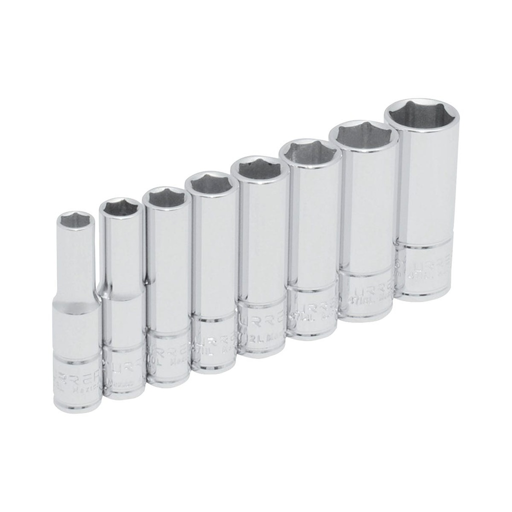 Juego de dados largos cuadro de 1/4", 6 puntas, en pulgadas, 8 piezas Urrea