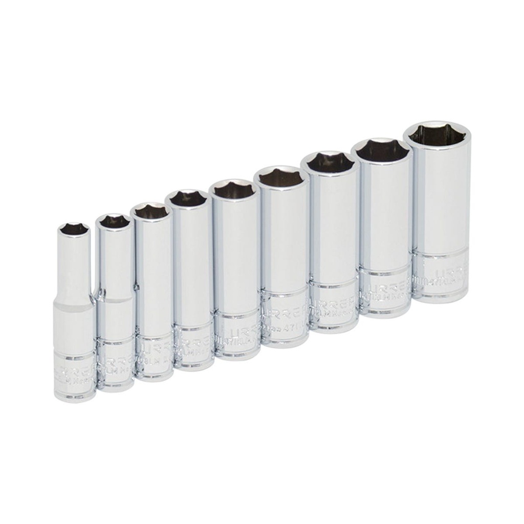 Juego de dados largos cuadro de 1/4", 6 puntas, métricos, 9 piezas Urrea