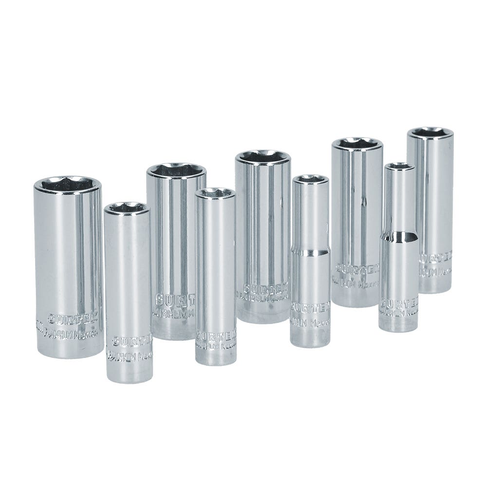 Juego de dados largos cuadro de 1/4", 6 puntas, métricos, 9 piezas Surtek