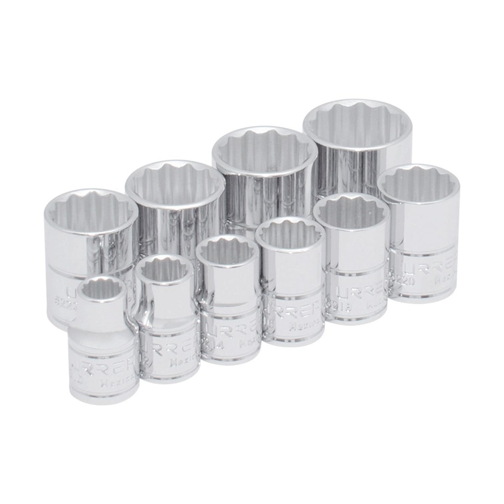 Juego de dados cuadro de 3/8", 12 puntas, en pulgadas, 10 piezas Urrea