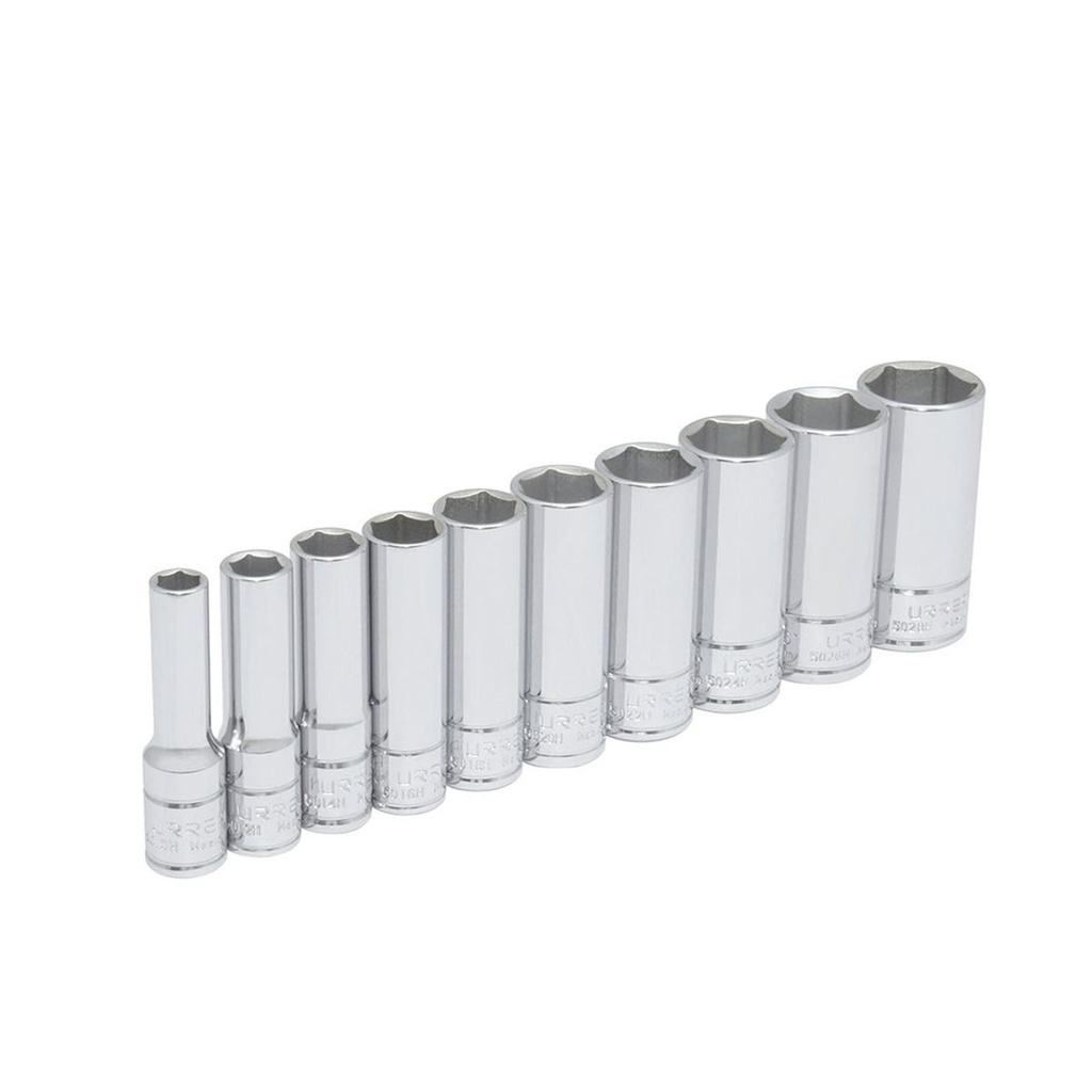 Juego de dados largos cuadro de 3/8", 6 puntas, en pulgadas, 10 piezas Urrea