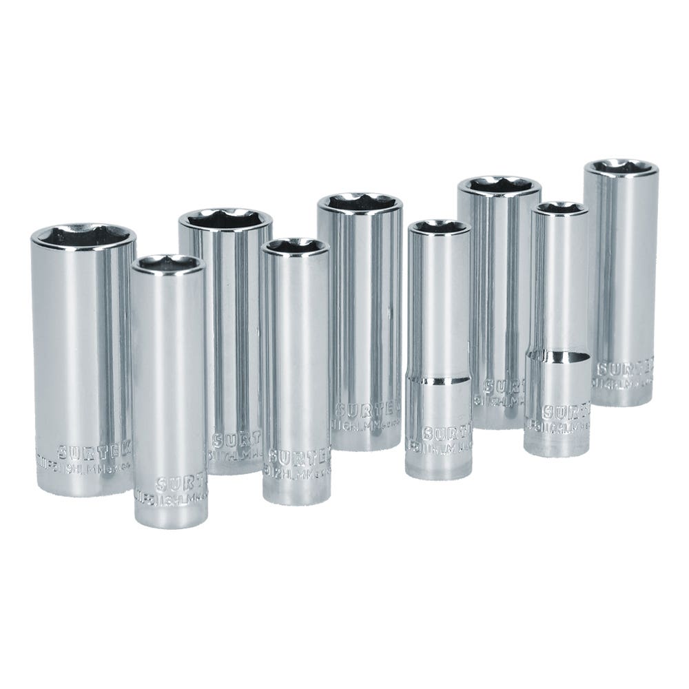 Juego de dados largos cuadro de 3/8", 6 puntas, métricos, 9 piezas Surtek