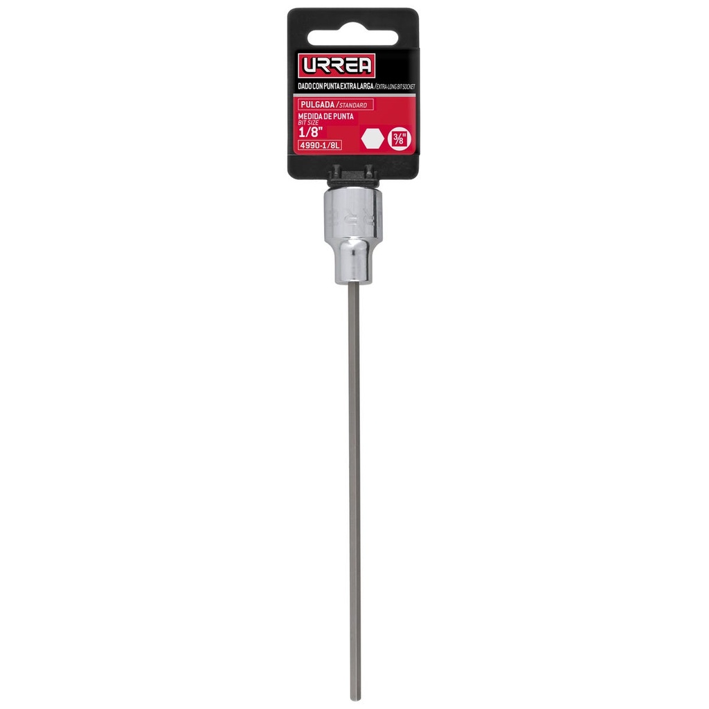 [4990-1/8L] Dado con punta hexagonal extra larga cuadro de 3/8", 6 puntas, en pulgadas, 1/8" Urrea
