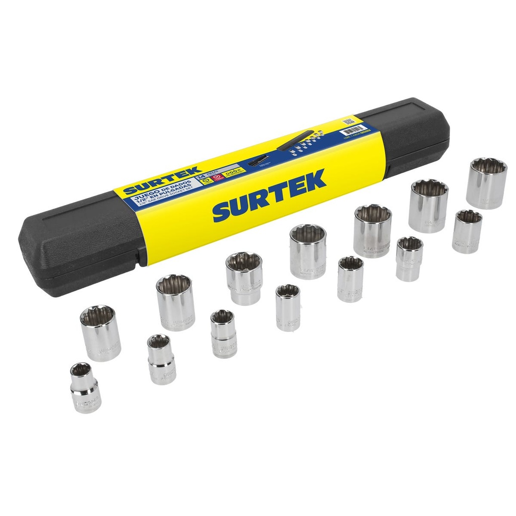 Juego de dados cuadro de 1/2" en pulgadas, 12 puntas, 14 piezas Surtek