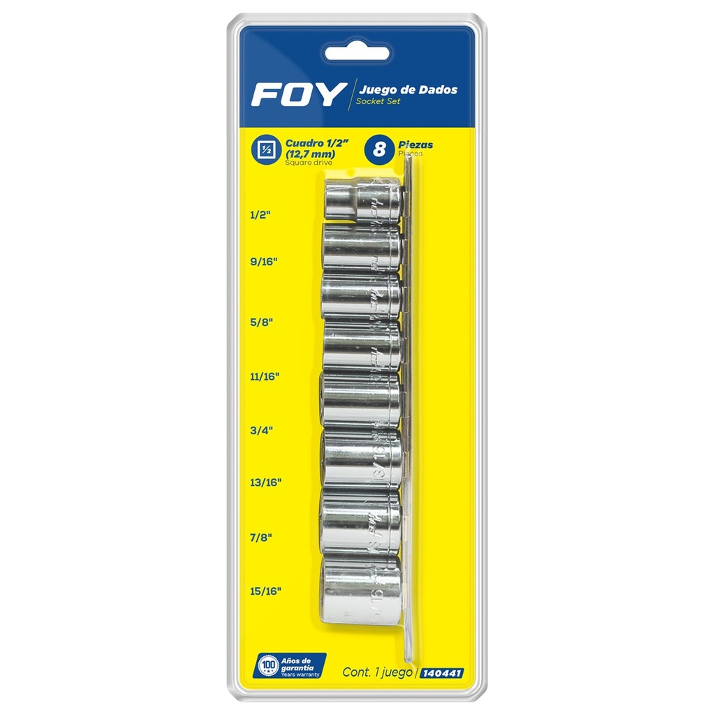 Juego de dados cuadro de 1/2", 6 puntas, en pulgadas, 8 piezas Foy