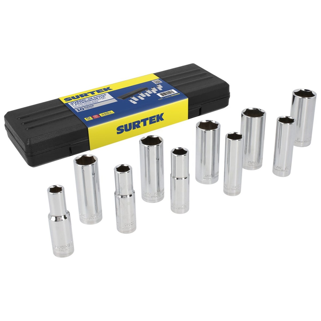 Juego de dados largos cuadro de 1/2" 6 puntas, en pulgadas, 10 piezas Surtek