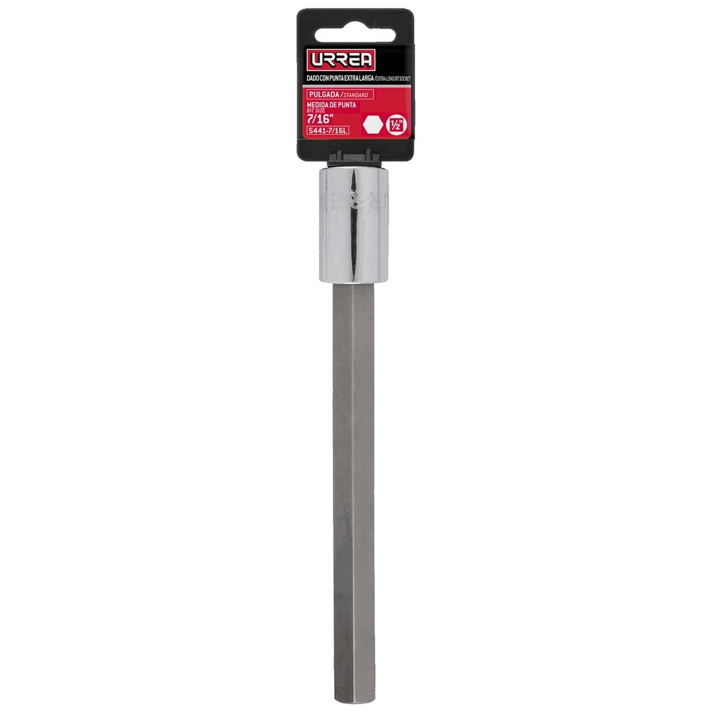 Dado con punta hexagonal extra larga cuadro de 1/2", en pulgadas, 7/16" Urrea