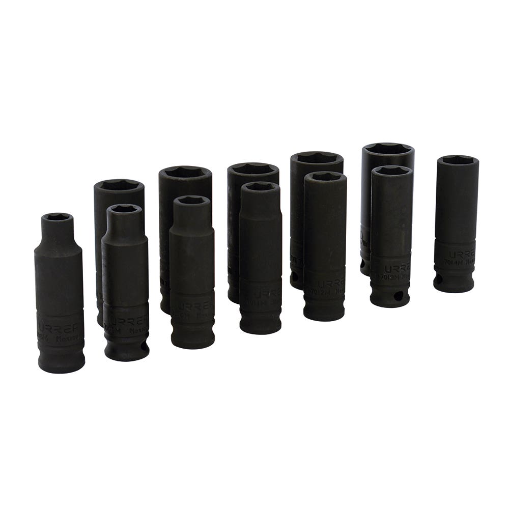 Juego de dados de impacto largos cuadro de 3/8", 6 puntas, métricos, 11 piezas Urrea