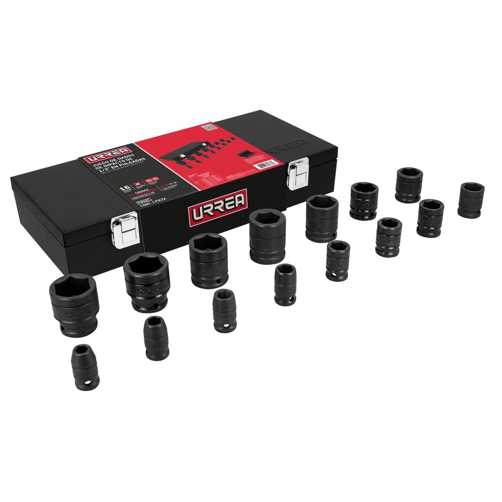 Juego de dados de impacto cuadro de 1/2", 6 puntas, en pulgadas, 15 piezas en caja Urrea