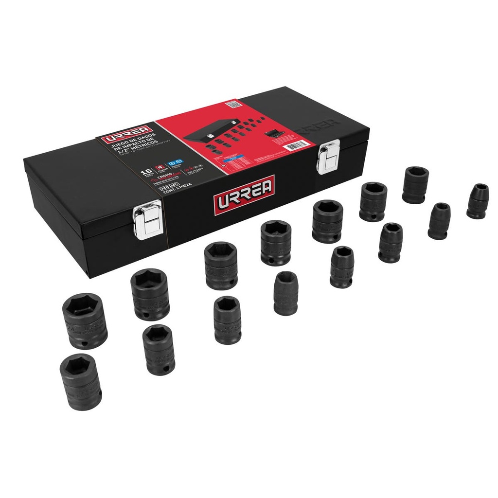 Juego de dados de impacto cuadro de 1/2", 6 puntas, métricos, 15 piezas Urrea