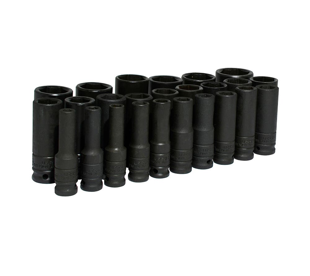 Juego de dados largos de impacto cuadro de 1/2", 6 puntas, métricos, 25 piezas Urrea