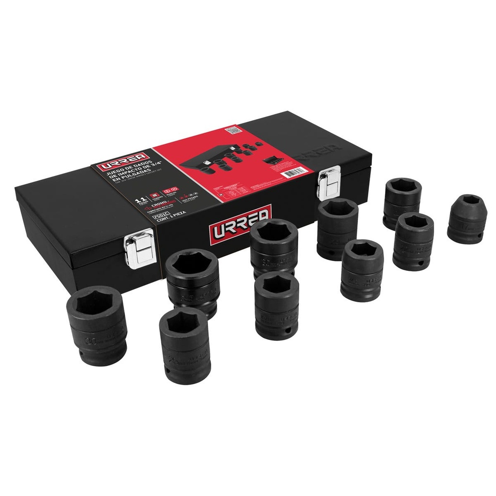 Juego de dados de impacto cuadro de 3/4", 6 puntas, en pulgadas,caja metálica, 10 piezas Urrea