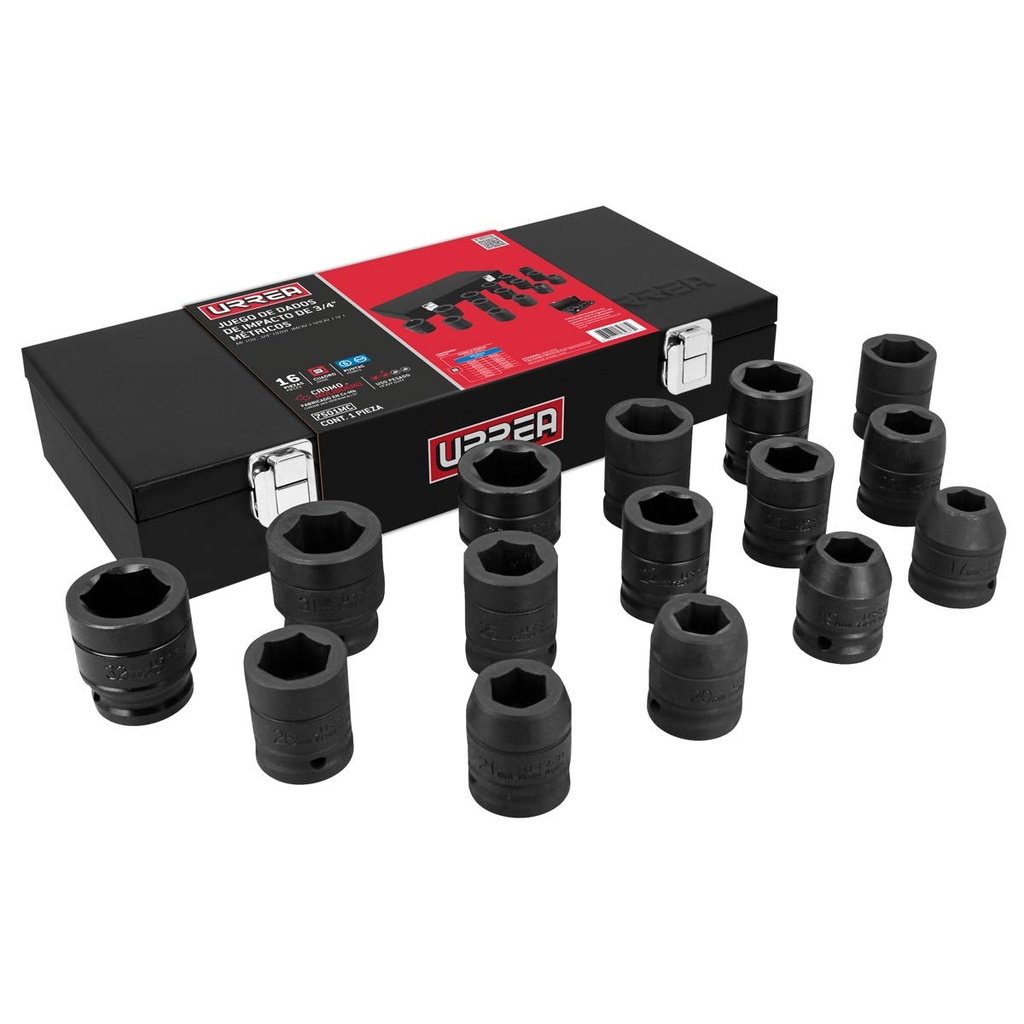 Juego de dados de impacto cuadro de 3/4", 6 puntas, métricos,caja metálica, 15 piezas Urrea