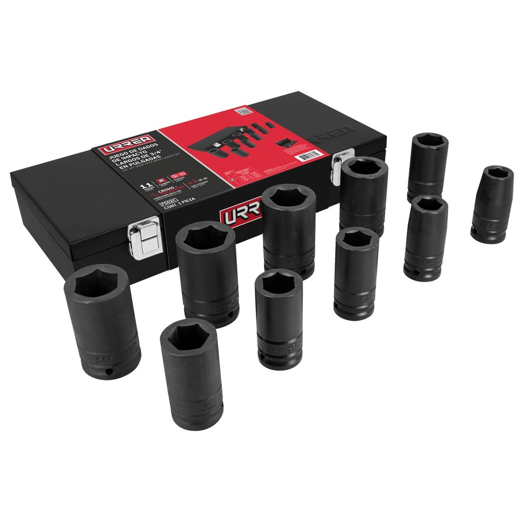 Juego de dados largos de impacto cuadro de 3/4", 6 puntas, en pulgadas, caja metálica, 10 Urrea