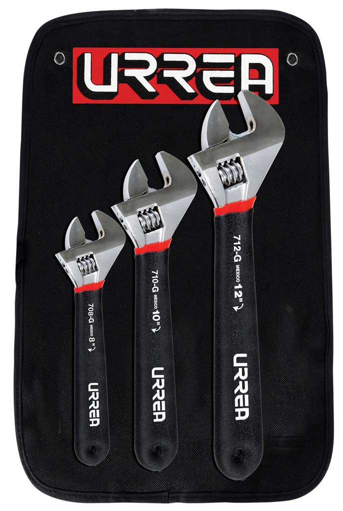 Juego de llaves ajustables cromadas con mango Rubber Grip, 3 piezas en estuche Urrea