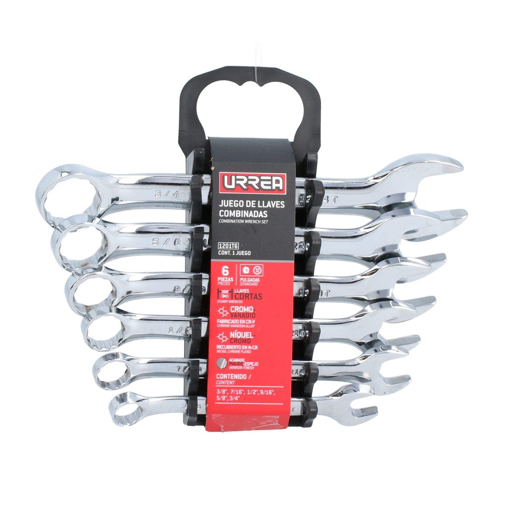 Juego de llaves combinadas cortas pulido espejo en pulgadas, 12 puntas, 6 pz en rack Urrea