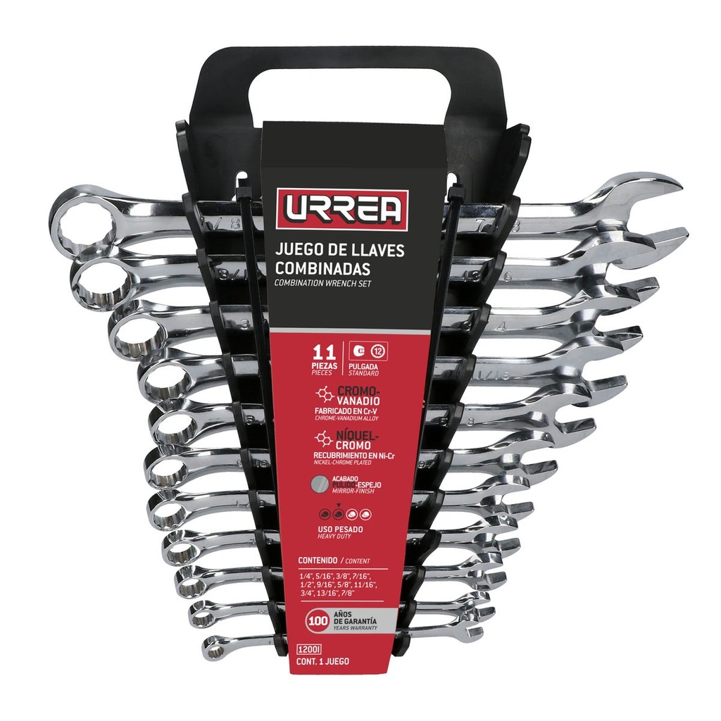 Juego de llaves combinadas pulido espejo en pulgadas, 12 puntas, 11 pz en rack Urrea