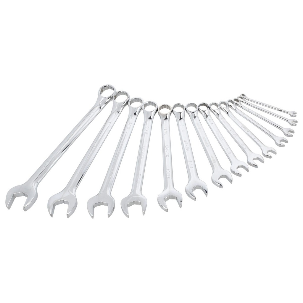 Juego de llaves combinadas pulido espejo en pulgadas, 12 puntas, 14 pz en tubo full color Urrea