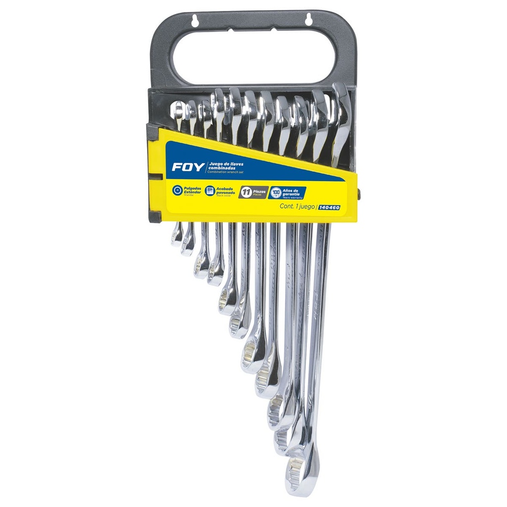 Juego de llaves combinadas pulido espejo en pulgadas, 12 puntas, 11 piezas en rack Foy