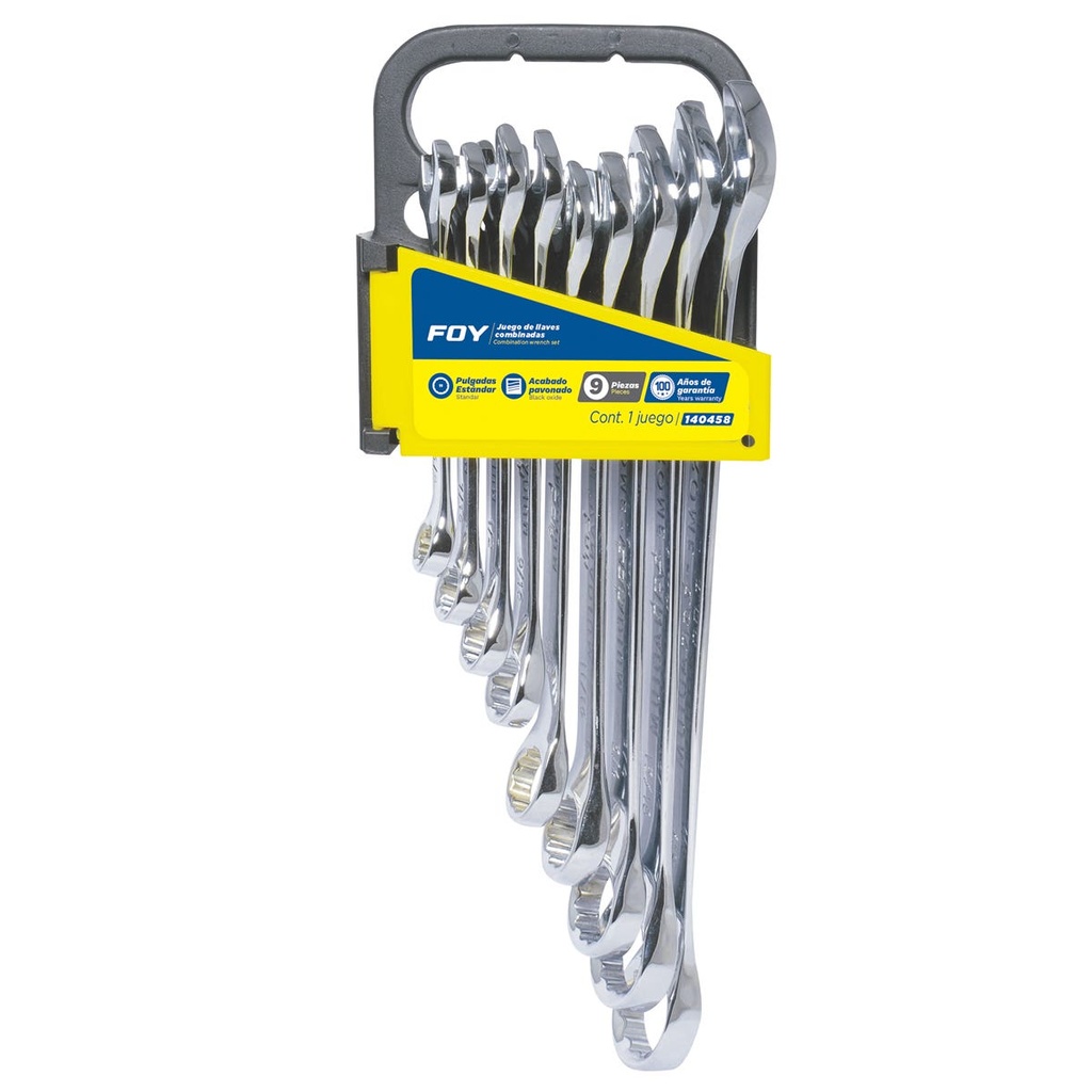 Juego de llaves combinadas pulido espejo en pulgadas, 12 puntas, 9 piezas en rack Foy