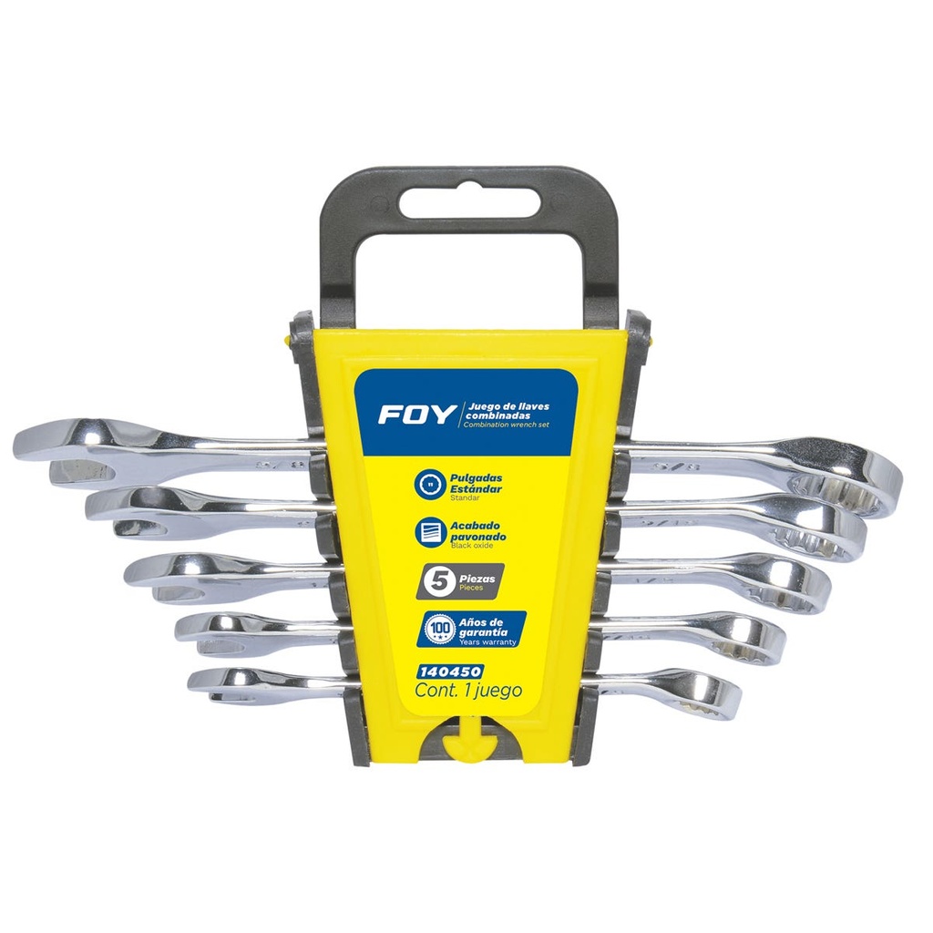 Juego de llaves combinadas pulido espejo en pulgadas, 12 puntas, 5 piezas en rack Foy